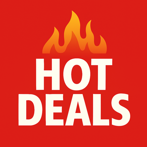 Bold white text HOT DEALS with a flame graphic above, set against a bright red background.