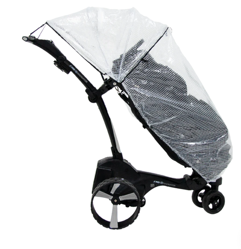 A black baby stroller with a transparent mesh rain cover protecting the seat, shown from the side against a white background.