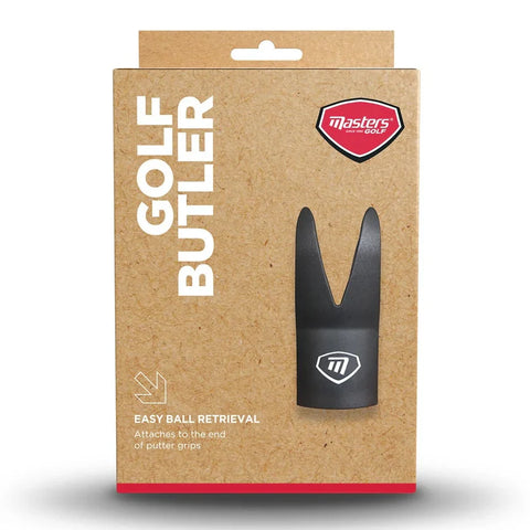 A cardboard package for the Masters Golf Butler, showing a black golf ball retrieval tool that attaches to putter grips. The text highlights Easy Ball Retrieval.