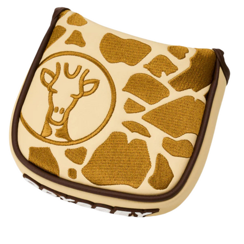 A small, beige pouch with brown giraffe spots and an embroidered outline of a giraffe head on the front, trimmed with brown edges.