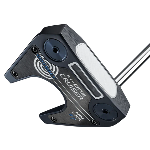 A close-up of a black and silver Odyssey Ai-One Cruiser Arm Lock golf putter, featuring circular weights and the Odyssey logo on the face.