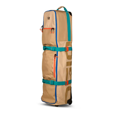 A tan rolling travel bag with teal straps, orange zipper accents, and blue trim, shown standing upright with multiple compartments and handles.