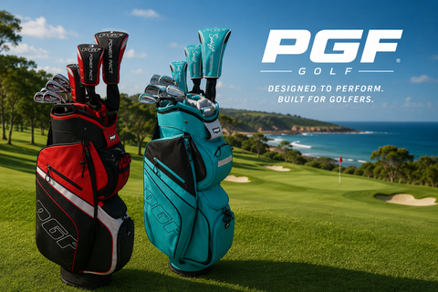 PGF Golf collection banner featuring men's and women's PGF package golf sets displayed on a scenic coastal golf course, showcasing complete golf club sets designed for beginner and improving golfers, with ocean views and rolling fairways.
