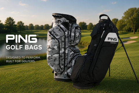 PING golf bags collection featuring a PING Pioneer cart bag and PING Hoofer stand bag displayed on a golf course, showcasing premium storage, organisation, durability, and versatility for golfers who walk or use a trundler.