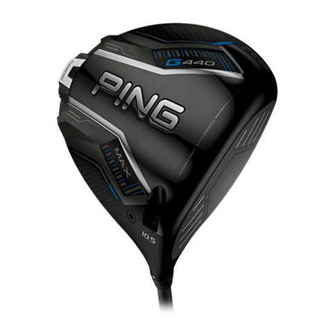 PING G440 MAX left-handed driver with an Alta CB Blue shaft, shown at address from the golfer's view.
