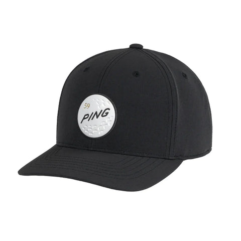 Black baseball cap featuring a round white patch resembling a golf ball, with the text “59 PING” in the center. The hat has visible stitching and a curved brim.