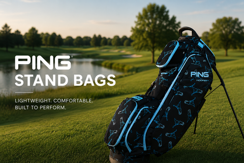 PING Hoofer stand bag displayed on a golf course at sunset, highlighting its lightweight design, comfortable carry system, and premium storage features for golfers who enjoy walking the course.