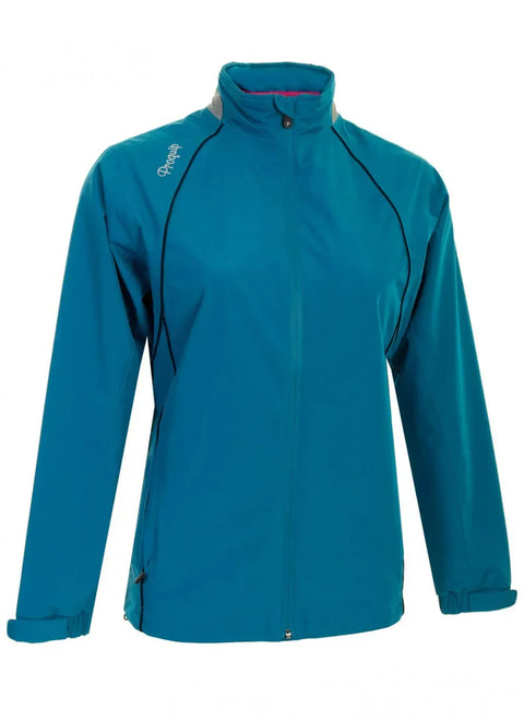 A teal blue zip-up jacket with long sleeves, a high collar, black piping details, adjustable cuffs, and the brand logo embroidered on the shoulder.