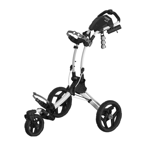 A three-wheeled, foldable golf push cart with a silver frame, black handle, and compartments for accessories. The cart has large rear wheels and a smaller front wheel for easy maneuvering.