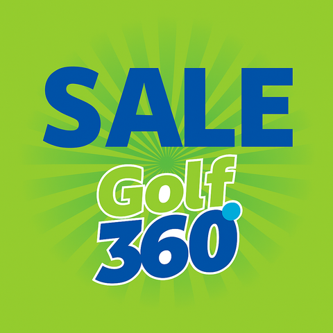 Bright green background with blue rays, large blue text reads SALE above the Golf 360 logo in white, green, and blue.