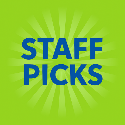 Blue text reading Staff Picks is centered on a bright green background with a starburst pattern radiating outward.