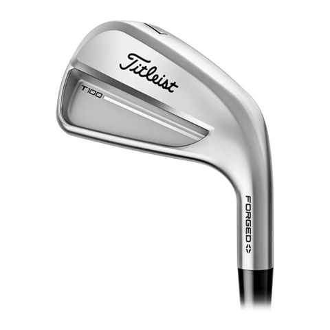 A close-up of a Titleist T100 forged golf iron club, showing its sleek silver design and branding on the clubhead.