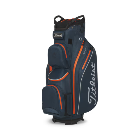 A navy, red and black Titleist Stadry Golf Bag with the Titleist logo on the side