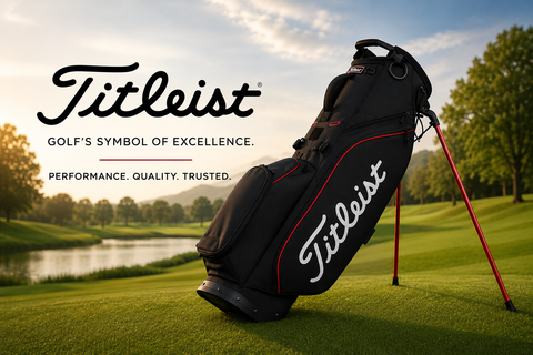 Titleist stand golf bag displayed on a golf course at sunset with the Titleist logo and branding, showcasing a lightweight carry bag designed for golfers who prefer walking the course.