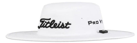 A white wide-brimmed hat with the word Titleist embroidered in black on the front and Pro V1 stitched on the side.