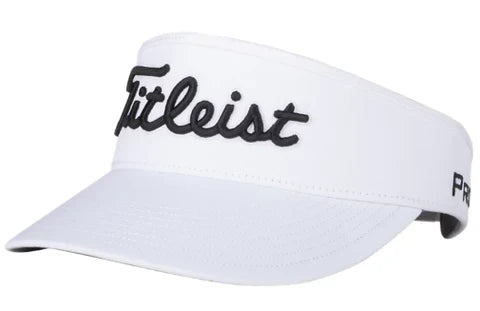A white Titleist golf visor with black embroidered Titleist lettering on the front and Pro V1 branding on the side.
