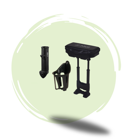 Three black bike accessories, including a vertical mount, a bottle holder, and a rectangular seat, are displayed on a light green circular background with a shadow beneath them.