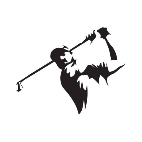 Silhouette illustration of a person swinging a golf club, shown in mid-swing with the club raised behind their shoulders on a plain white background.