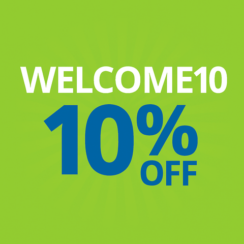 Green background with white text reading WELCOME10 and large blue text below saying 10% OFF.