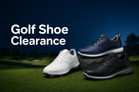 Golf Shoe Clearance collection banner featuring three modern golf shoes on a dark blue golf course background.