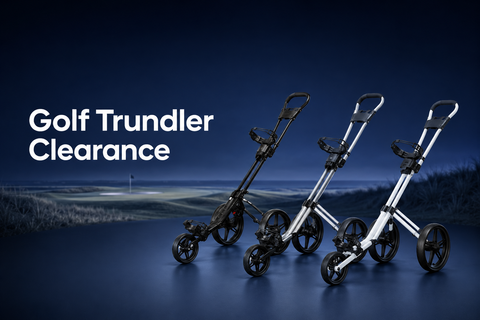 Golf Trundler Clearance collection banner featuring three push golf trundlers on a dark blue golf course background.