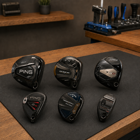 Used golf drivers and fairway woods laid on a timber workbench