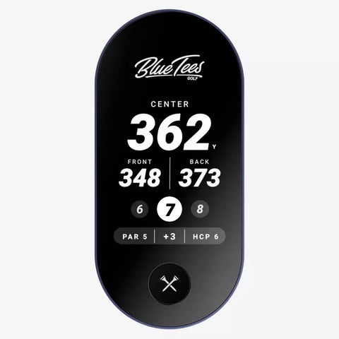 A BlueTees Golf digital scorecard display showing a golf hole's statistics, including a score of 362 and yardages, on a clean white background.