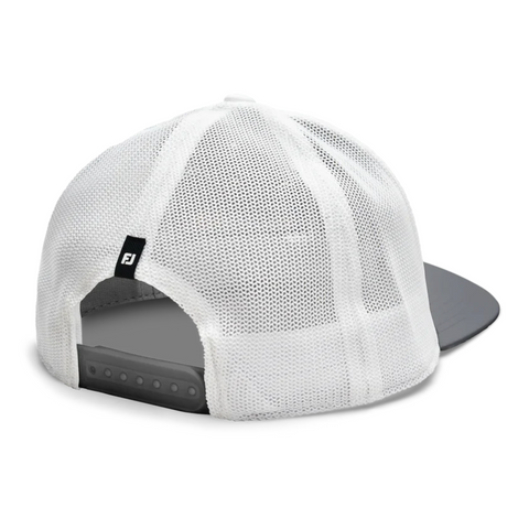 The 2025 FootJoy Air Mail Trucker Hat in Grey/White features a white mesh back, gray flat brim, adjustable snapback closure, and a black FJ tag on the back.