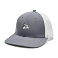 The 2025 FootJoy Air Mail Trucker Hat in grey/white features a flying envelope patch labeled AIRMAIL, mesh back, curved brim, and visible stitching—a lightweight choice for golf or everyday wear.