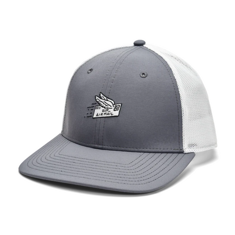 The 2025 FootJoy Air Mail Trucker Hat in grey/white features a flying envelope patch labeled AIRMAIL, mesh back, curved brim, and visible stitching—a lightweight choice for golf or everyday wear.