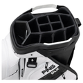 A close-up of the PING 2026 DLX 244 Cart Golf Bag by Ping in white, showcasing a 15-way top for club organization and several side zippered pockets.