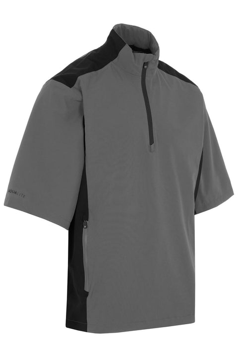 The ProQuip Men's Aqualite Pro Half Sleeve Rain Top is a gray, waterproof golf pullover with black quarter-zip collar, black side panels, zippered side pocket, and "AQUALITE" on the left sleeve for lightweight rain protection.
