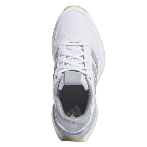 Top view of the Adidas 2024 Men's S2G SL Wide Golf Shoes in white with light gray accents and three stripes, featuring a lace-up design and branded tongue—spikeless shoes for a comfortable wide fit, displayed on a white background.