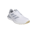 The Adidas 2024 Men's S2G SL Wide Golf Shoes feature a white upper with light gray stripes, off-white sole, and spikeless design for a wide fit, shown angled on a white background.