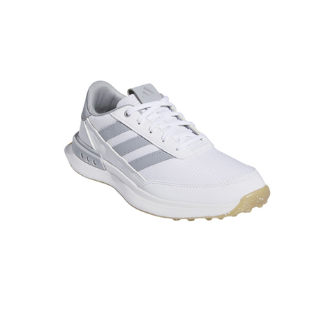 The Adidas 2024 Men's S2G SL Wide Golf Shoes feature a white upper with light gray stripes, off-white sole, and spikeless design for a wide fit, shown angled on a white background.