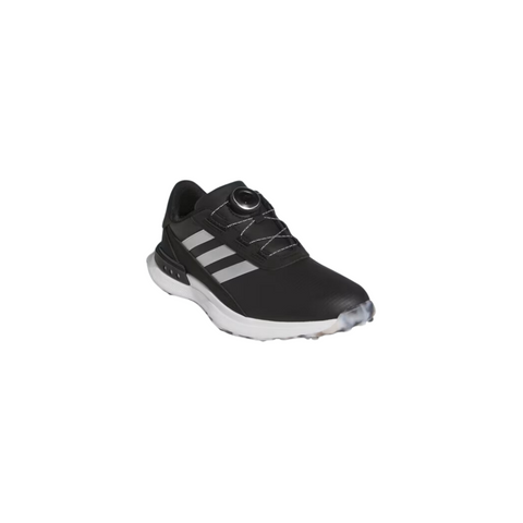 The Adidas Women's S2G BOA 24 Golf Shoes are shown in black with three white stripes, a white sole, and a BOA dial lace system on a plain white background. Perfect spikeless golf shoes for women seeking style and performance.