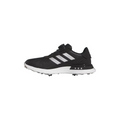 The Adidas Women's S2G BOA 24 Golf Shoes feature a black design with three white stripes and a white sole—an ideal spikeless golf shoe option for women.