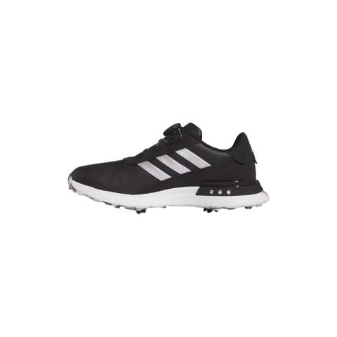 The Adidas Women's S2G BOA 24 Golf Shoes feature a black design with three white stripes and a white sole—an ideal spikeless golf shoe option for women.