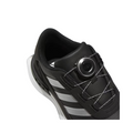 The Adidas Women's S2G BOA 24 Golf Shoes are black with white stripes and feature a round-dial quick-lacing system. These stylish, spikeless golf shoes by Adidas are shown on a white background.