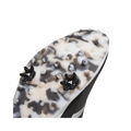 Close-up of the sole of Adidas Women's S2G BOA 24 Golf Shoes by Adidas, featuring a black and white camo pattern and two removable cleats—ideal for women golfers seeking stylish spikeless golf shoes. Photographed on a white background.