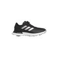 The Adidas Women's S2G BOA 24 Golf Shoes feature a black design with a white sole and three white stripes, shown from the left on a white background—ideal for women's golf shoe collections.