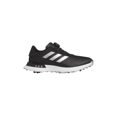 The Adidas Women's S2G BOA 24 Golf Shoes feature a black design with a white sole and three white stripes, shown from the left on a white background