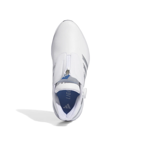 Top view of Adidas 2024 Men’s Solarmotion BOA Spikeless Golf Shoe in white/silver with a zipper closure, blue inner lining, and gray side stripes, displayed on a white background.