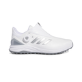 The Adidas 2024 Men’s Solarmotion BOA Spikeless Golf Shoe in White/Silver features a gray sole, silver accents, and a side BOA Fit System dial, shown in profile view facing right.