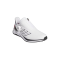 The Adidas 2024 Women's Solarmotion BOA Golf Shoes are white slip-ons with black accents, three diagonal stripes, a BOA Fit System zipper, a round heel dial, and a black-and-white sole