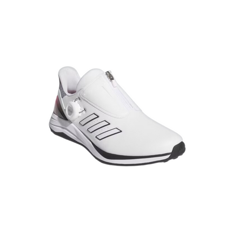 The Adidas 2024 Women's Solarmotion BOA Golf Shoes are white slip-ons with black accents, three diagonal stripes, a BOA Fit System zipper, a round heel dial, and a black-and-white sole