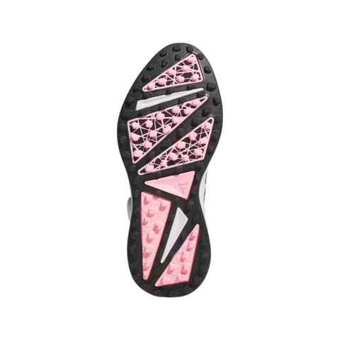 The image displays the sole of the Adidas 2024 Women's Solarmotion BOA Golf Shoes, featuring a black and pink geometric tread with triangular patterns for traction.