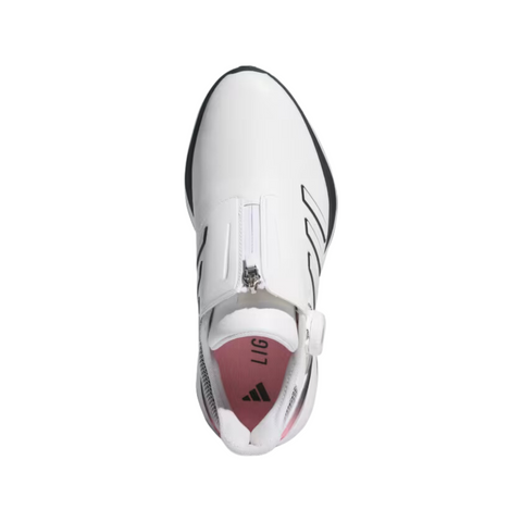 Top view of the Adidas 2024 Women's Solarmotion BOA Golf Shoes, a white shoe with black accents, a central BOA Fit System, and pink insole featuring the Adidas logo
