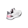 The Adidas 2024 Women's Solarmotion BOA Golf Shoes feature a white design with black accents, pink heel, gray mesh back, and rear-view BOA Fit System dial closure for convenience and style. Spikeless construction by Adidas.
