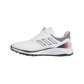 The Adidas 2024 Women's Solarmotion BOA Golf Shoes in White/Black/Pink feature three black stripes, a mesh heel, textured rubber sole, and the BOA Fit System for a secure fit.